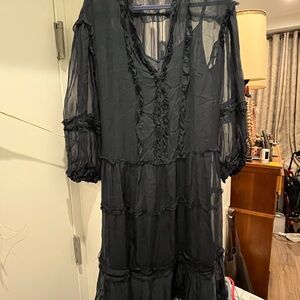 ULLA JOHNSON Navy Blue Silk Ruffle Flowing Midi Dress With Silk Slip Size 6